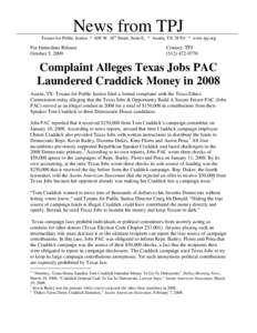 News from TPJ Texans for Public Justice * 609 W. 18th Street, Suite E, * Austin, TX 78701 * www.tpj.org For Immediate Release October 5, 2009