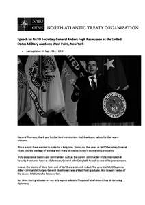 Speech by NATO Secretary General Anders Fogh Rasmussen at the United States Military Academy West Point, New York  Last updated: 24 Sep. 2014 – 09:31