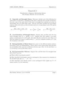 CS378, MA375T, PHY341  Homework 3 Homework 3 Introduction to Quantum Information Science