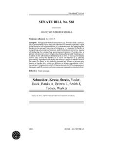 Introduced Version  SENATE BILL No. 568 _____ DIGEST OF INTRODUCED BILL Citations Affected: IC.