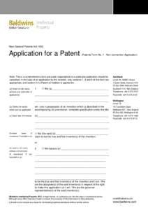 New Zealand Patents ActApplication for a Patent (Patents Form No. 1 - Non-convention Application)