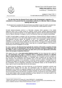 General Court of the European Union PRESS RELEASE No[removed]Luxembourg, 17 December 2014 Press and Information