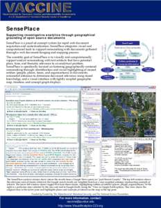 RVAC Name and Logo  SensePlace Supporting investigative analytics through geographical grounding of open source documents SensePlace is a proof‐of‐concept system for rapid web document 