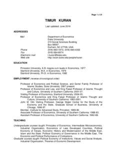 Page 1 of 21  TIMUR KURAN Last updated: June 2014 ADDRESSES Mail