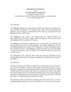 PHILIPPINE STATEMENT by H.E. HILARIO G. DAVIDE, JR. Permanent Representative General Debate of the 30th Session of the Committee on Information New York, 28 April 2008