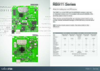 RB911G-5HPnD  RB911 Series Perfect for building low cost CPE devices The RB911 is a small CPE type RouterBOARD wireless router with an integrated wireless card. It’s equipped with powerful 600Mhz CPU,
