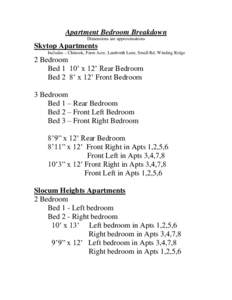 Apartment Bedroom Breakdown Dimensions are approximations Skytop Apartments Includes – Chinook, Farm Acre, Lambreth Lane, Small Rd, Winding Ridge