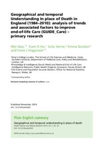 Geographical and temporal Understanding In place of Death in England (1984–2010): analysis of trends and associated factors to improve end-of-life Care (GUIDE_Care) – primary research