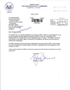Congratulatory letter from the US Nuclear Regulatory Commission
