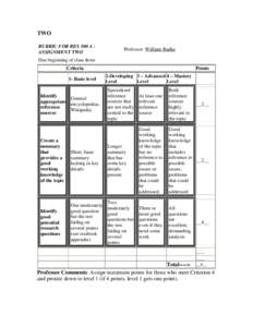 TWO RUBRIC FOR RES 500 A ASSIGNMENT TWO Professor: William Badke  Due beginning of class three
