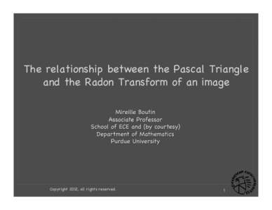 The relationship between the Pascal Triangle and the Radon Transform of an image Copyright 2012, all rights reserved.  1