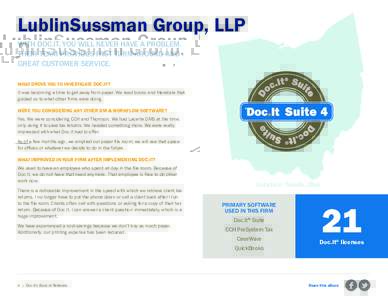 LublinSussman Group, LLP WITH DOC.IT, YOU WILL NEVER HAVE A PROBLEM. THEIR TEAM PROVIDES FAST TURN-AROUND AND GREAT CUSTOMER SERVICE. WHAT DROVE YOU TO INVESTIGATE DOC.IT? It was becoming a time to get away from paper. W