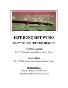 JEFF RUNQUIST WINES 2014 WINE COMPETITION RESULTS PLATINUM MEDAL 2012 “Z” Zinfandel, Massoni Ranch, Amador County GOLD MEDAL 2011 “R” Petit Verdot, Damir Ranch, Stanislaus County