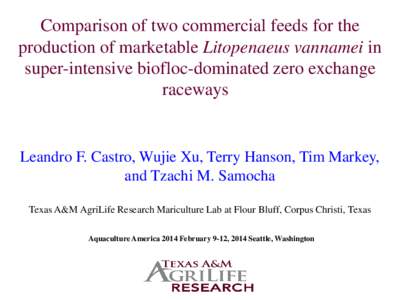 Comparison of two commercial feeds for the production of marketable Litopenaeus vannamei in super-intensive biofloc-dominated zero exchange raceways  Leandro F. Castro, Wujie Xu, Terry Hanson, Tim Markey,
