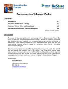 Deconstruction Program Deconstruction Volunteer Packet Contents: Introduction