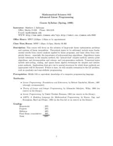 Mathematical Sciences 813 Advanced Linear Programming Course Syllabus (Spring, 1999) Instructor: Matthew J. Saltzman Office: Martin O-223 Phone: [removed]E-mail: [removed]