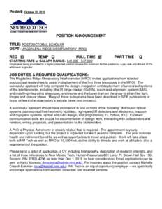 Posted:  October 22, 2015 POSITION ANNOUNCEMENT TITLE: POSTDOCTORAL SCHOLAR