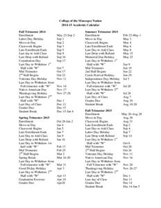 College of the Muscogee NationAcademic Calendar Fall Trimester 2014 Enrollment Labor Day Holiday Move-in Day