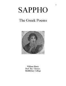 SAPPHO The Greek Poems William Harris Prof. Em. Classics. Middlebury College