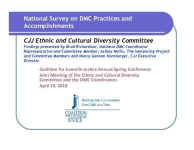 National Survey on DMC Practices and Accomplishments CJJ Ethnic and Cultural Diversity Committee Findings presented by Brad Richardson, National DMC Coordinator Representative and Committee Member; Ashley Nellis, The Sen