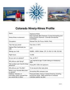 Colorado Ninety-Nines Profile Name Ninety-Nines involvement Stephanie Wells Past Colorado 99s Chairman; Current Airmarking and