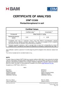 CERTIFICATE OF ANALYSIS ERM®-CC009 Pentachlorophenol in soil Certified Values Certified value 1) Compound