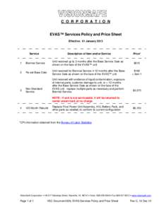 C O R P O R A T I O N EVAS™ Services Policy and Price Sheet Effective: 01 January 2013 Service
