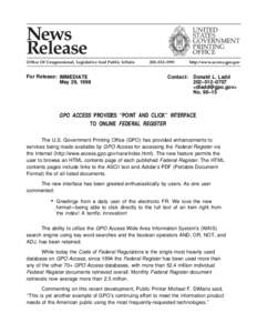 News Release Office Of Congressional, Legislative And Public Affairs For Release: IMMEDIATE May 29, 1998