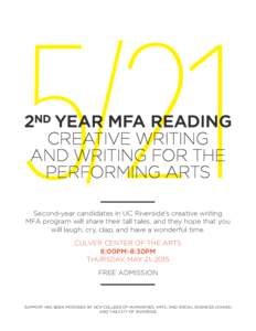2ND YEAR MFA READING CREATIVE WRITING AND WRITING FOR THE PERFORMING ARTS Second-year candidates in UC Riverside’s creative writing MFA program will share their tall tales, and they hope that you