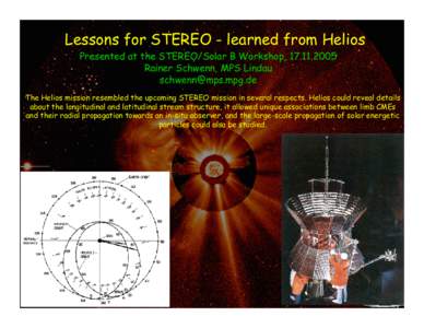 Lessons for STEREO - learned from Helios Presented at the STEREO/Solar B Workshop, [removed]Rainer Schwenn, MPS Lindau [removed] The Helios mission resembled the upcoming STEREO mission in several respects. He