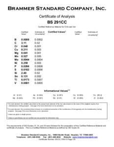 Brammer Standard Company, Inc. Certificate of Analysis BS 291CC Certified Reference Material for Chill-cast Iron