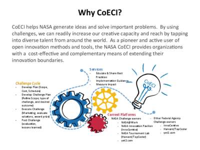 Why	
  CoECI?	
   CoECI	
  helps	
  NASA	
  generate	
  ideas	
  and	
  solve	
  important	
  problems.	
  	
  By	
  using	
   challenges,	
  we	
  can	
  readily	
  increase	
  our	
  crea?ve	
  cap