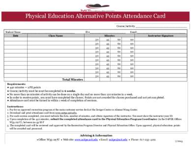 Physical Education Alternative Points Attendance Card Course/Activity _______________________________________ Student Name: __________________________________ Date Class Name