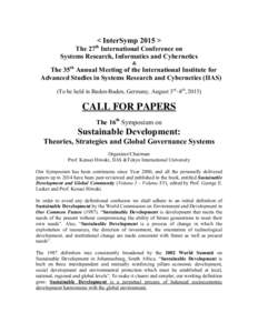 < InterSymp 2015 >  th The 27 International Conference on Systems Research, Informatics and Cybernetics