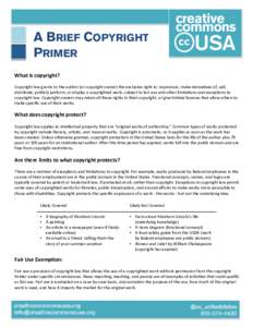 A BRIEF COPYRIGHT PRIMER What	is	copyright? Copyright	law	grants	to	the	author	(or	copyright	owner)	the	exclusive	right	to:	reproduce,	make	deriva<ves	of,	sell,