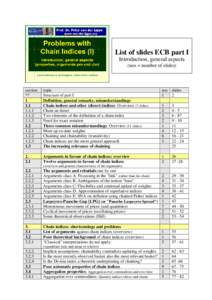 List of slides ECB part I Introduction, general aspects (nos = number of slides) section **