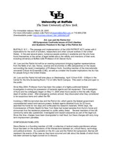 For immediate release: March 29, 2005 For more information contact Julie Perini at [removed] or[removed]Downloadable poster: http://contrary.info/art_law_patriotact.pdf Art, Law and the Patriot Act UB Sy