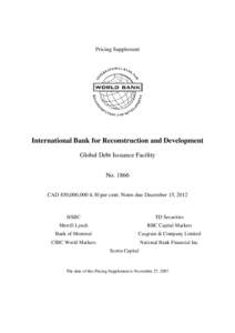 Pricing Supplement  International Bank for Reconstruction and Development Global Debt Issuance Facility NoCAD 850,000,per cent. Notes due December 15, 2012
