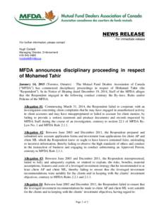 News release - MFDA announces disciplinary proceeding in respect of Mohamed Tahir