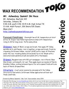 WAX RECOMMENDATION Mt. Ashwabay, Bayfield, WI Saturday, January 30 9:30 A.M. youth 3.5K; 10:15 A.M. High School 7K 11 A.M. Adult Pursuit, 10K Skate/11K Classic Mass start