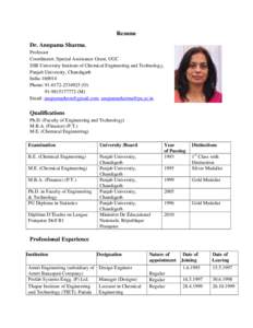 Resume Dr. Anupama Sharma, Professor Coordinator, Special Assistance Grant, UGC SSB University Institute of Chemical Engineering and Technology, Panjab University, Chandigarh