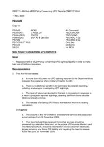 MinSub-MOD Policy Concerning UFO Reports-CNMU 11 Nov 2009 PS/USofS Copy to: PS/SofS ACAS