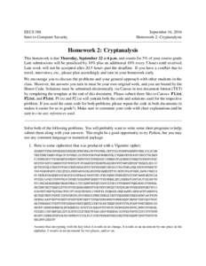 EECS 388 Intro to Computer Security September 16, 2016 Homework 2: Cryptanalysis