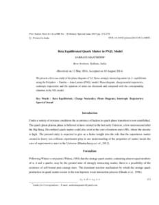 Proc Indian Natn Sci Acad 81 No. 1 February Special Issue 2015 ppDOI: ptinsa/2015/v81i1c Printed in India. °  Beta Equilibrated Quark Matter in PNJL Model