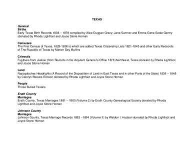TEXAS General Births Early Texas Birth Records 1838 – 1878 compiled by Alice Duggan Gracy; Jane Sumner and Emma Gene Seale Gentry (donated by Rhoda Lightfoot and Joyce Stone Homan Censuses