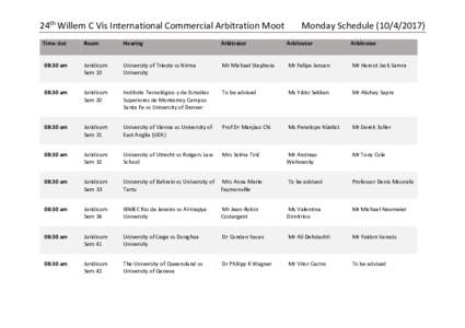 24th Willem C Vis International Commercial Arbitration Moot  Monday ScheduleTime slot