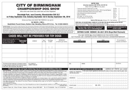 ENTRY FEES  CITY OF BIRMINGHAM All entries inclusive of VAT. VAT NoDetails referring to THIS form only please