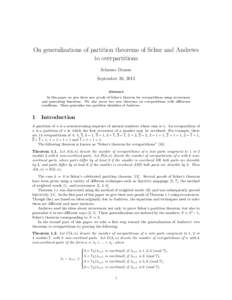 On generalizations of partition theorems of Schur and Andrews to overpartitions Jehanne Dousse September 26, 2013 Abstract In this paper we give three new proofs of Schur’s theorem for overpartitions using recurrences