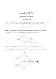Automi e reti di Petri II pre-esame - A.A. 2005–06 20 Dicembre 2005 Esercizio 1 (3 punti). Data una rete marcata hN, M0 i con insieme di transizioni T e una marcatura Mf , si definisce L(N, M0 , Mf ) = {σ ∈ T ∗ | 