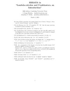 ERRATA in “Lambda-calculus and Combinators, an Introduction” 2008 edition, Cambridge University Press, J. Roger Hindley,  Jonathan P. Seldin, 